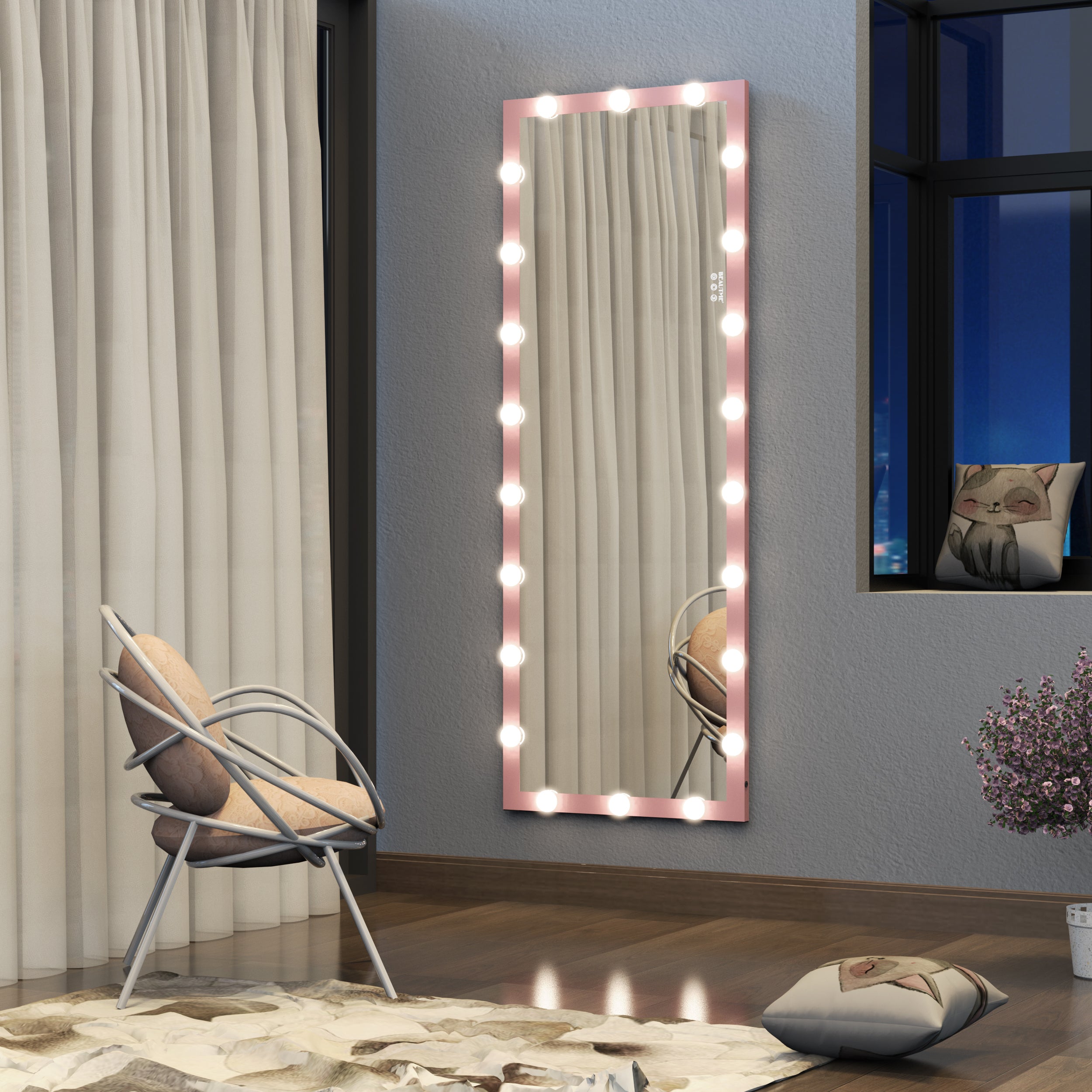 Hollywood Style Full Length Mirror with Lights, 3 Color Modes, Pink Aluminium, 62.6'x23.3' - Grand Goldman Shop
