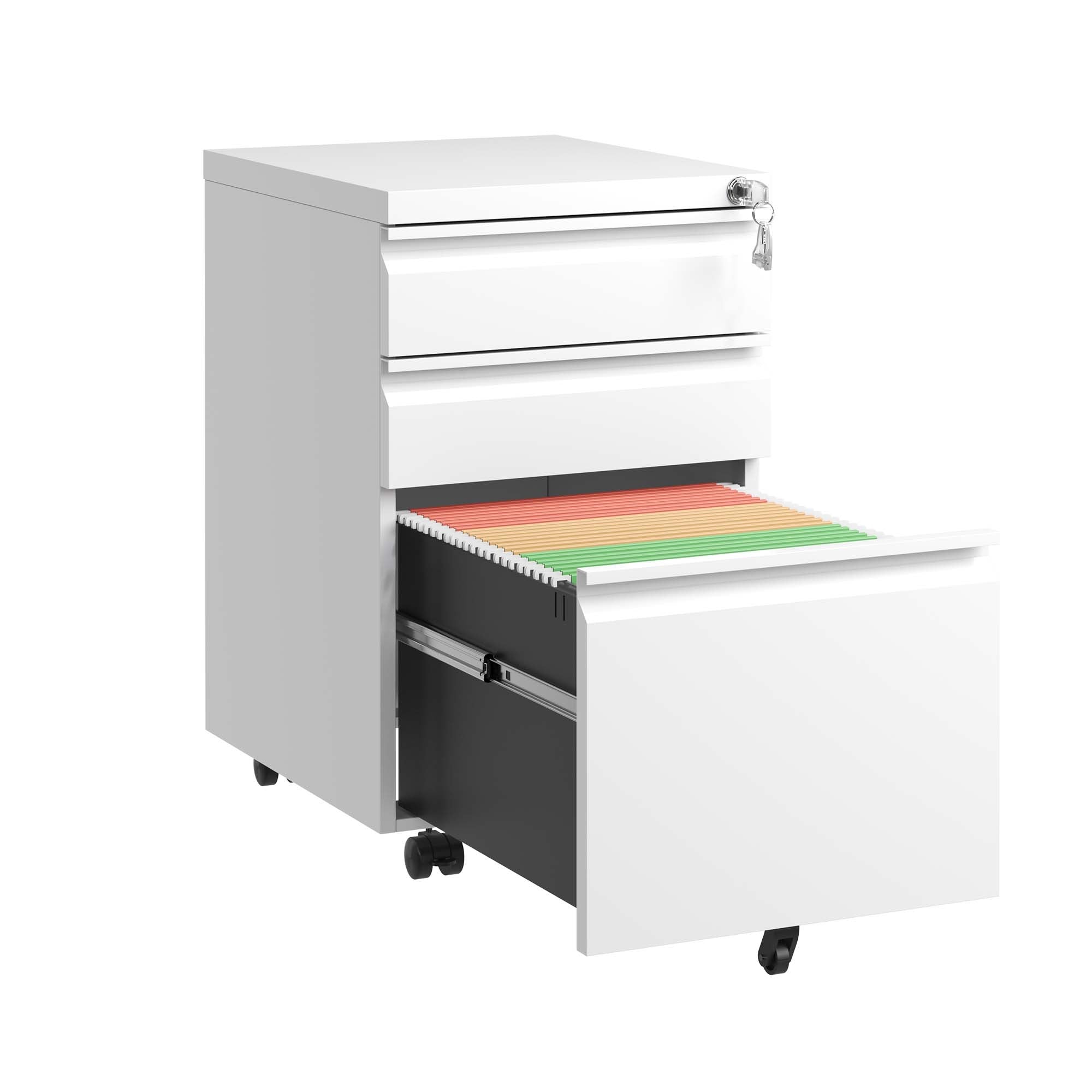 White Mobile 3-Drawer File Cabinet with Lock, Metal Organizer for Home Office, Fully Assembled - Grand Goldman