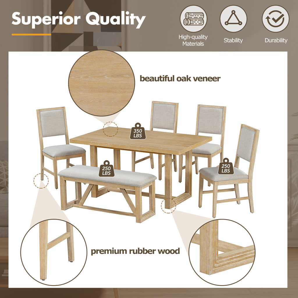 TREXM 6-Piece Retro Dining Table Set for 6, 60' Wood Kitchen Table and Chairs Set of 4 with Bench Designed Trestle Base for kitchen & Dining Room (Natural) - Grand Goldman Shop