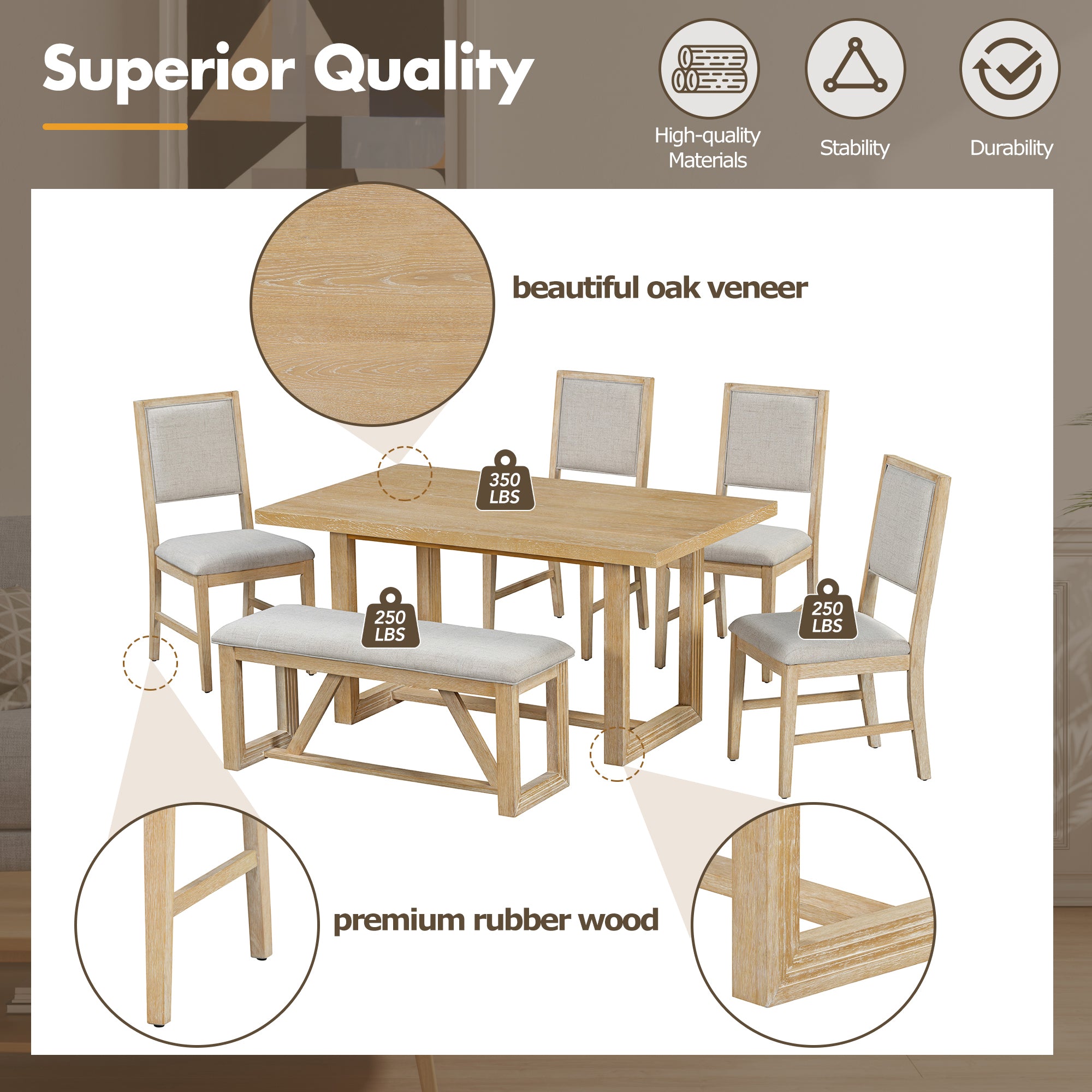 TREXM 6-Piece Retro Dining Table Set for 6, 60' Wood Kitchen Table and Chairs Set of 4 with Bench Designed Trestle Base for kitchen & Dining Room (Natural) - Grand Goldman Shop