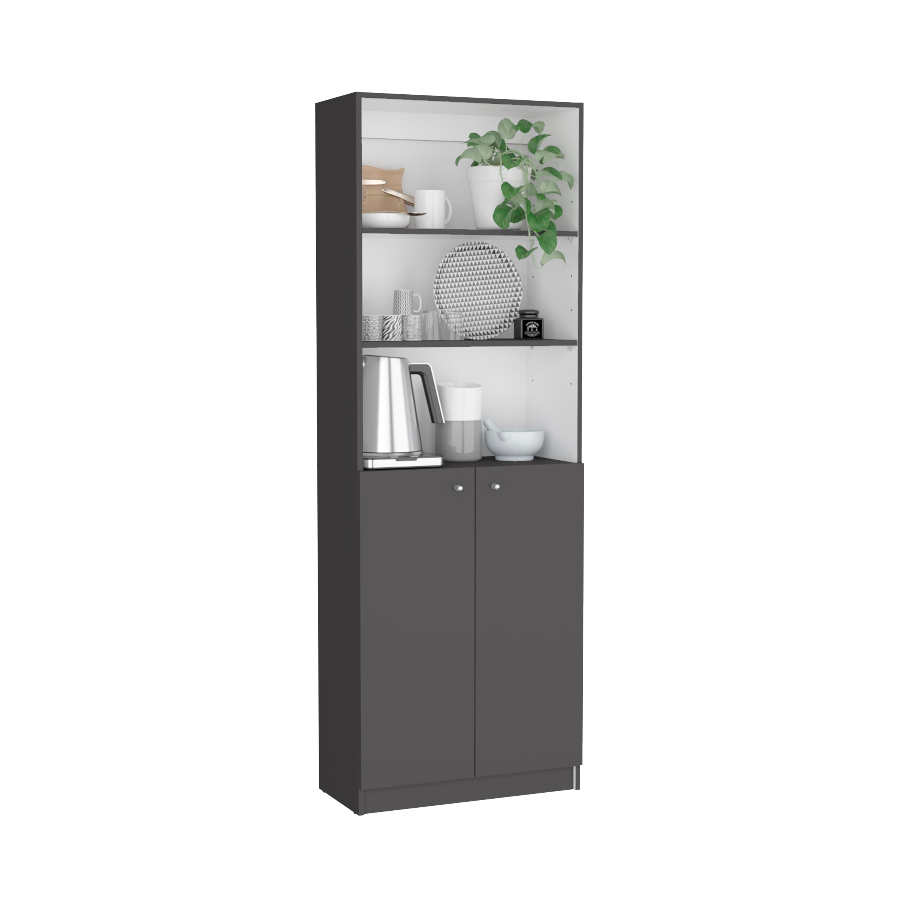 Stylish 2-Door Bookcase with Upper Shelves, Matt Gray / White - Available at Grand Goldman