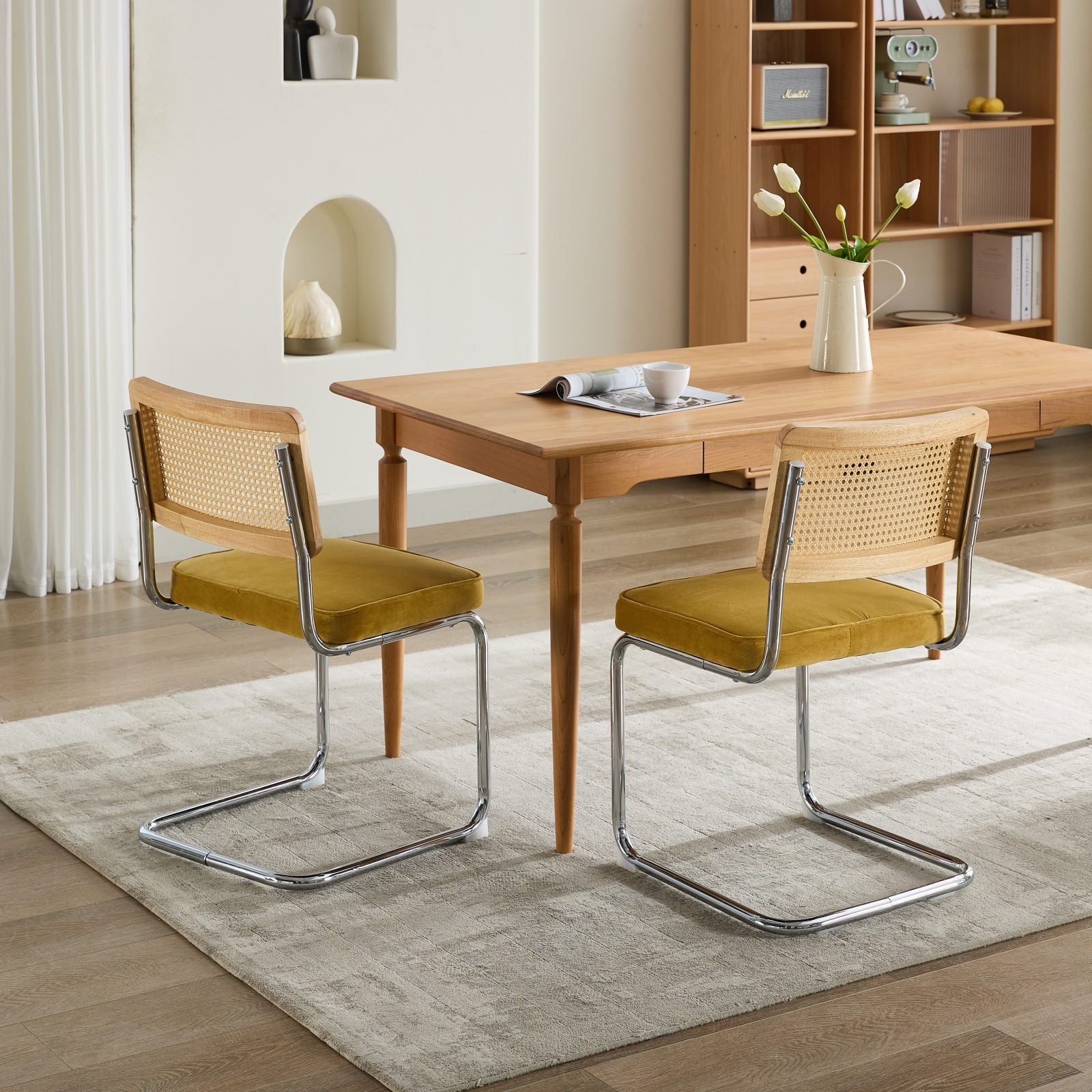 Mid Century Modern Dining Chairs Set of 2, Velvet Accent Chairs with Natural Cane Back & Stainless Chrome Base, Famous Breuer Designed Chairs, Upholstered Rattan Kitchen Chairs,Golden - Grand Goldman Shop