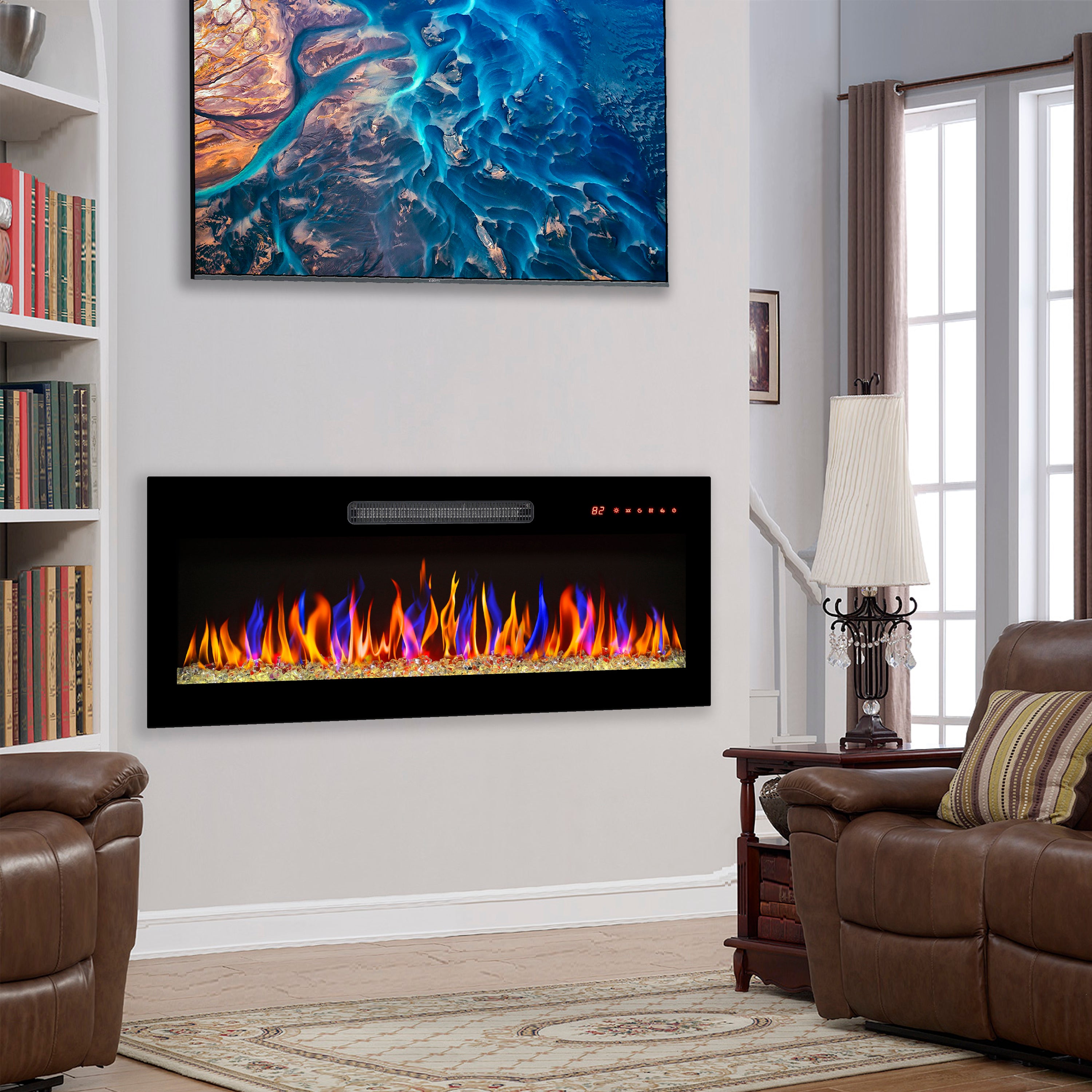 36 inch recessed ultra thin tempered glass front wall mounted electric fireplace with remote and multi color flame & emberbed, LED light heater - Grand Goldman Shop