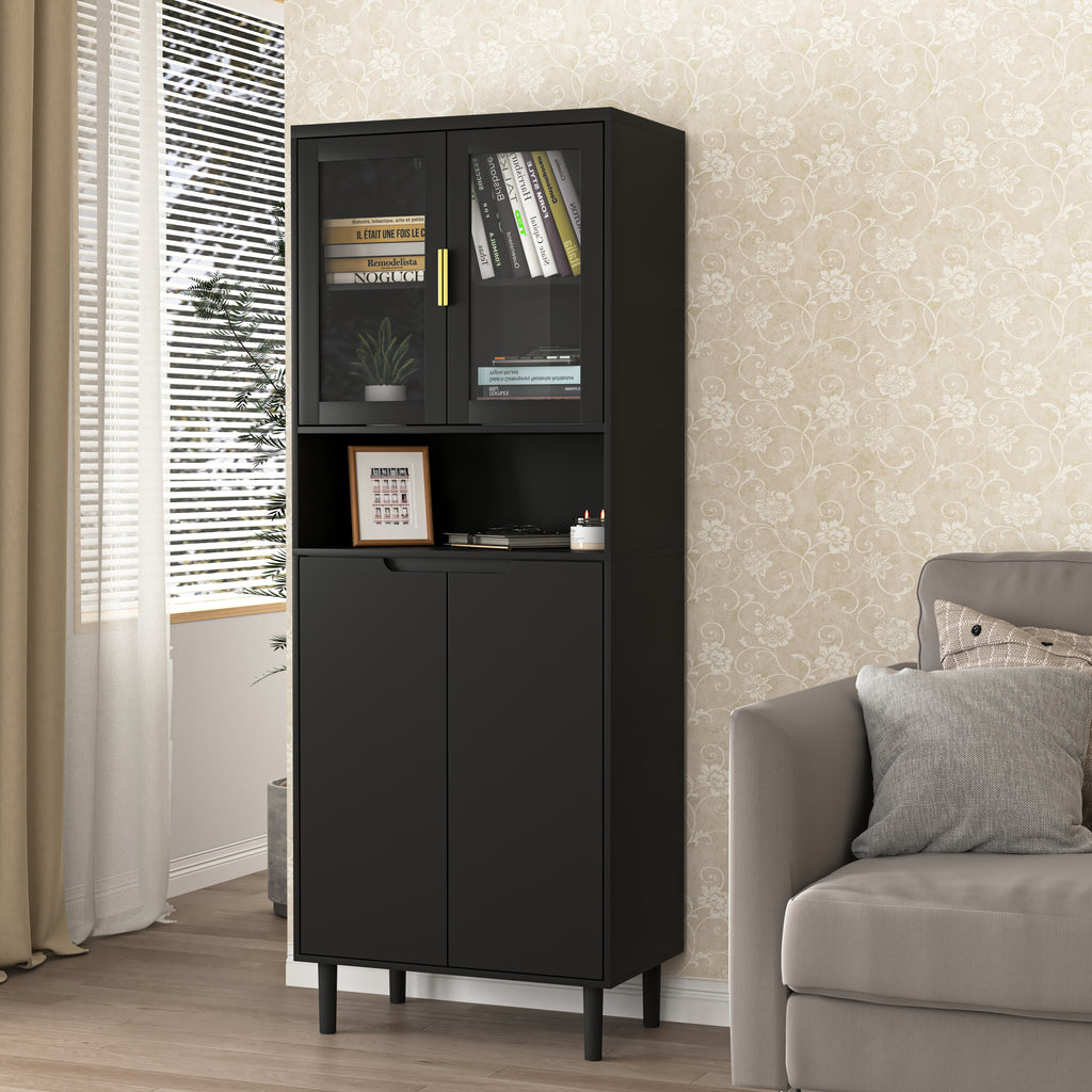 Tempered Glass Door Tall Storage Bookcase with adjustable board, 4 doors MDF painting finished cabinet, Black, Living room Bedroom storage - Grand Goldman Shop