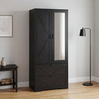 2 Door Wood Wardrobe for Bedroom with Hanging Clothing Rod inside the Cabinet and 2 Drawers for Storage Organization, Built-in induction light Multifunctional Closet with Mirror, Black - Grand Goldman Shop