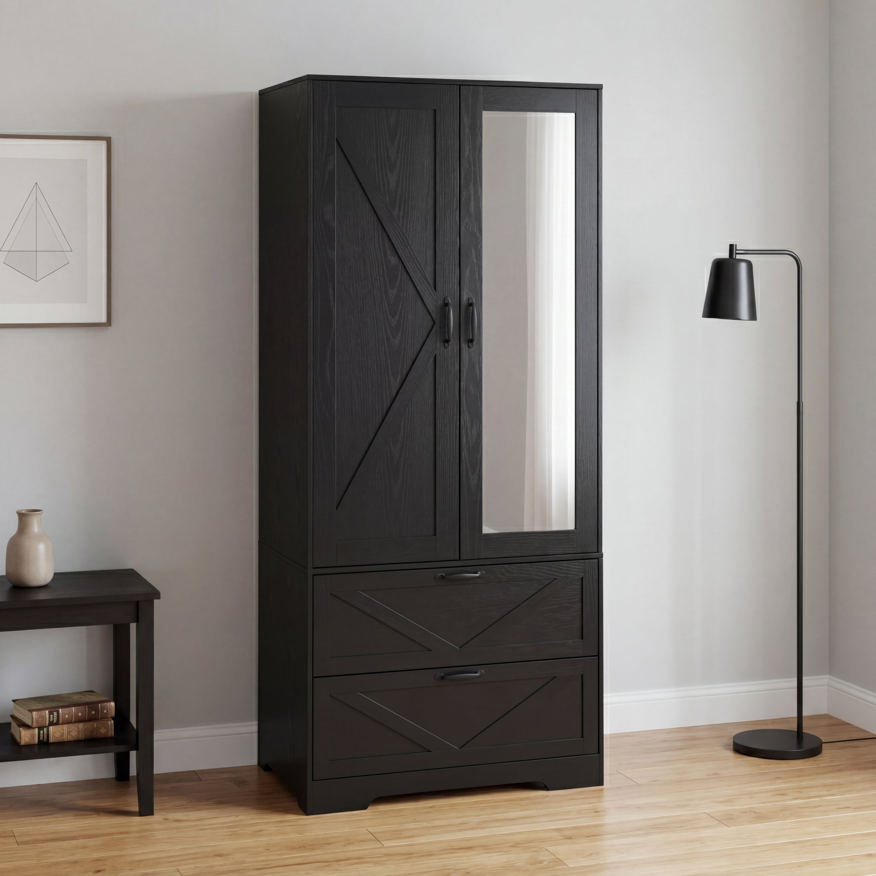 2 Door Wood Wardrobe for Bedroom with Hanging Clothing Rod inside the Cabinet and 2 Drawers for Storage Organization, Built-in induction light Multifunctional Closet with Mirror, Black - Grand Goldman Shop