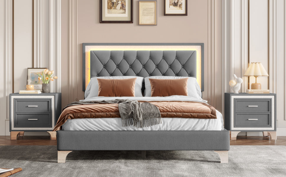 3-Pieces Bedroom Sets,Queen Size Upholstered Platform Bed with LED Lights and Two Nightstands-Gray - Grand Goldman Shop