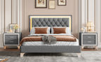 3-Pieces Bedroom Sets,Queen Size Upholstered Platform Bed with LED Lights and Two Nightstands-Gray - Grand Goldman Shop