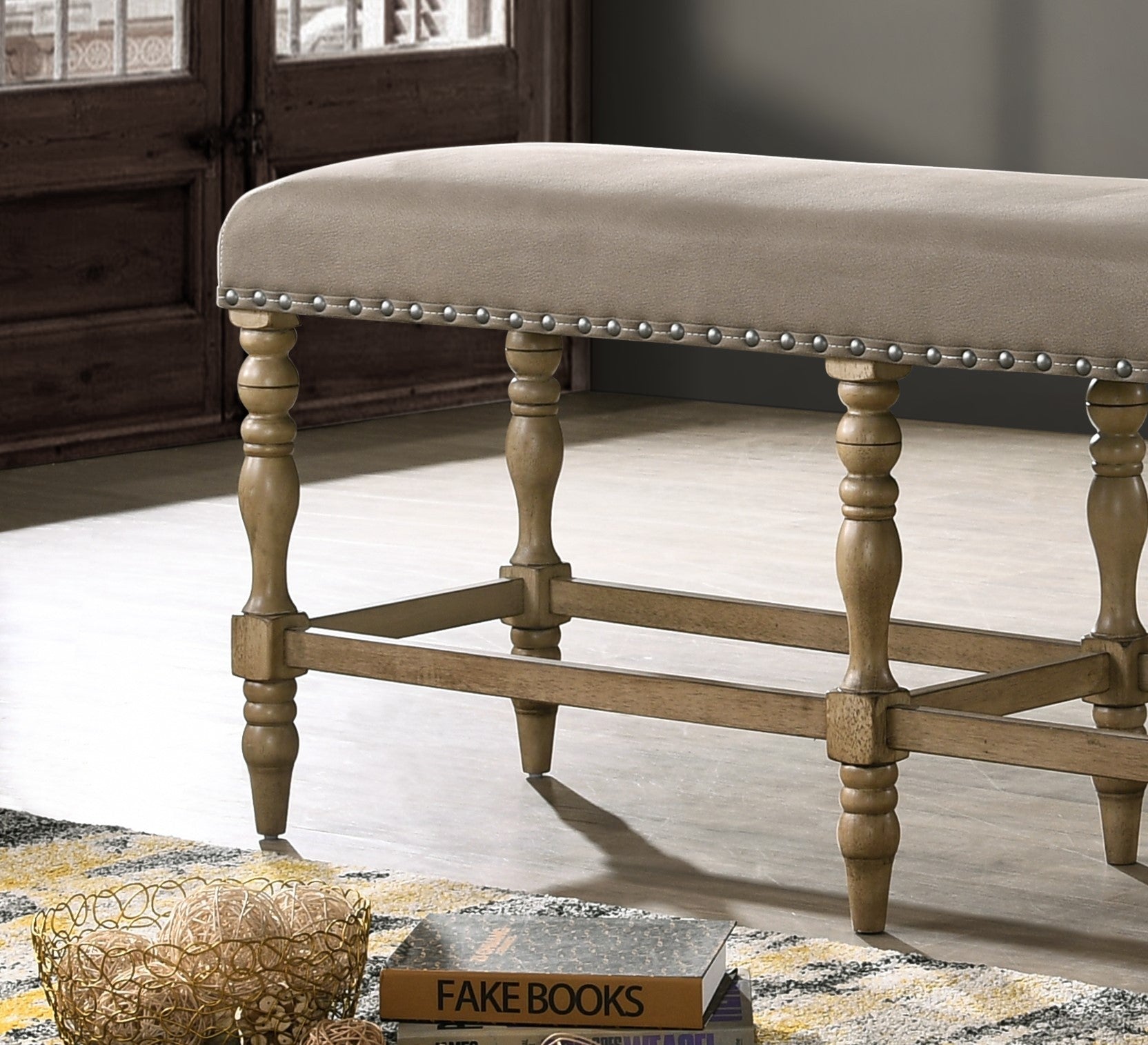 Birmingham Microfiber Upholstered Counter Height Bench with Nail Head Trim in Driftwood Finish - Grand Goldman Shop