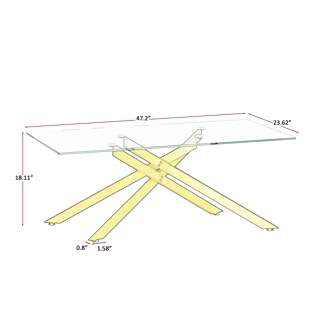 47.2' Rectangular Clear Tempered Glass Coffee Table,Stylish Design with Golden Metal Legs, Coffee Table for Living Room - Grand Goldman Shop