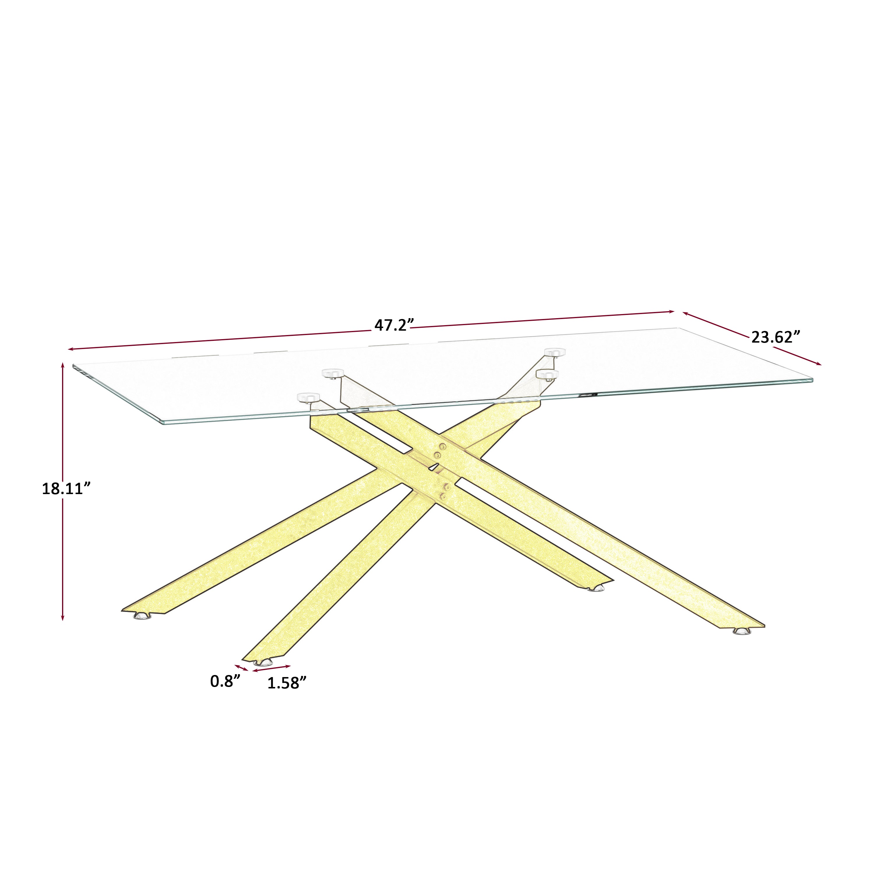 47.2' Rectangular Clear Tempered Glass Coffee Table,Stylish Design with Golden Metal Legs, Coffee Table for Living Room - Grand Goldman Shop