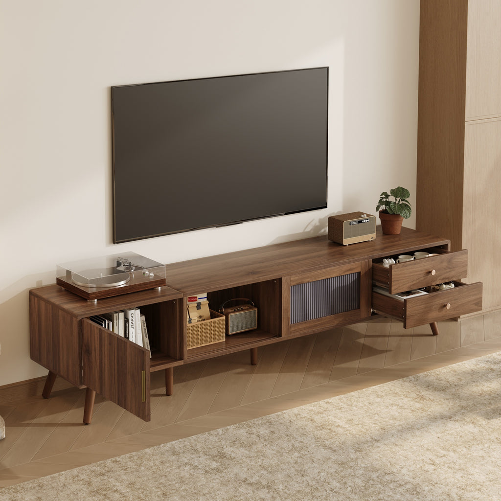 76' Modern Minimal Glass-Doors TV Stand for TVs up to 85 Inches, Wood-Grain Entertainment Center with Storage Cabinets, TV Media Console Table for Living Room, Bedroom - Grand Goldman Shop