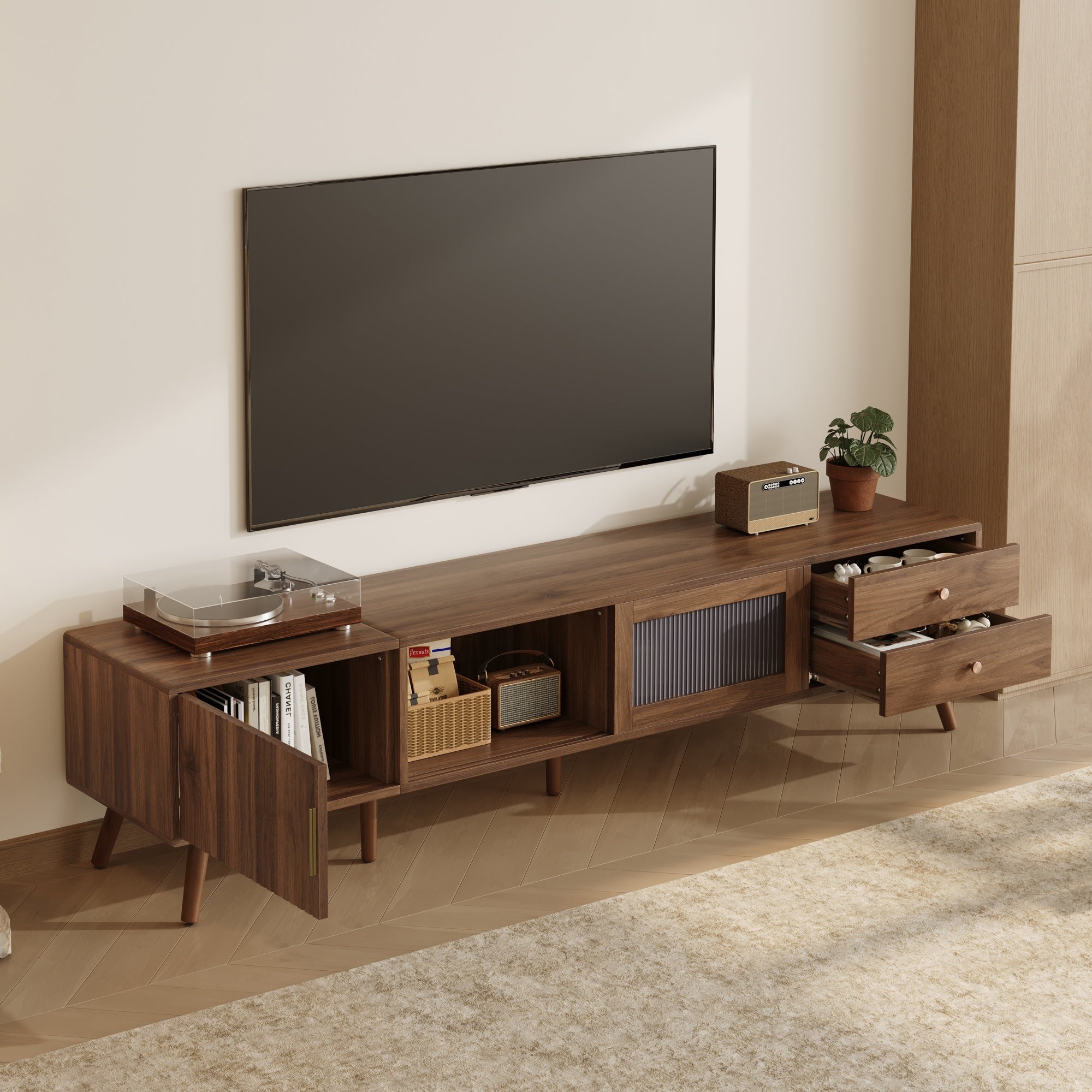 76' Modern Minimal Glass-Doors TV Stand for TVs up to 85 Inches, Wood-Grain Entertainment Center with Storage Cabinets, TV Media Console Table for Living Room, Bedroom - Grand Goldman Shop