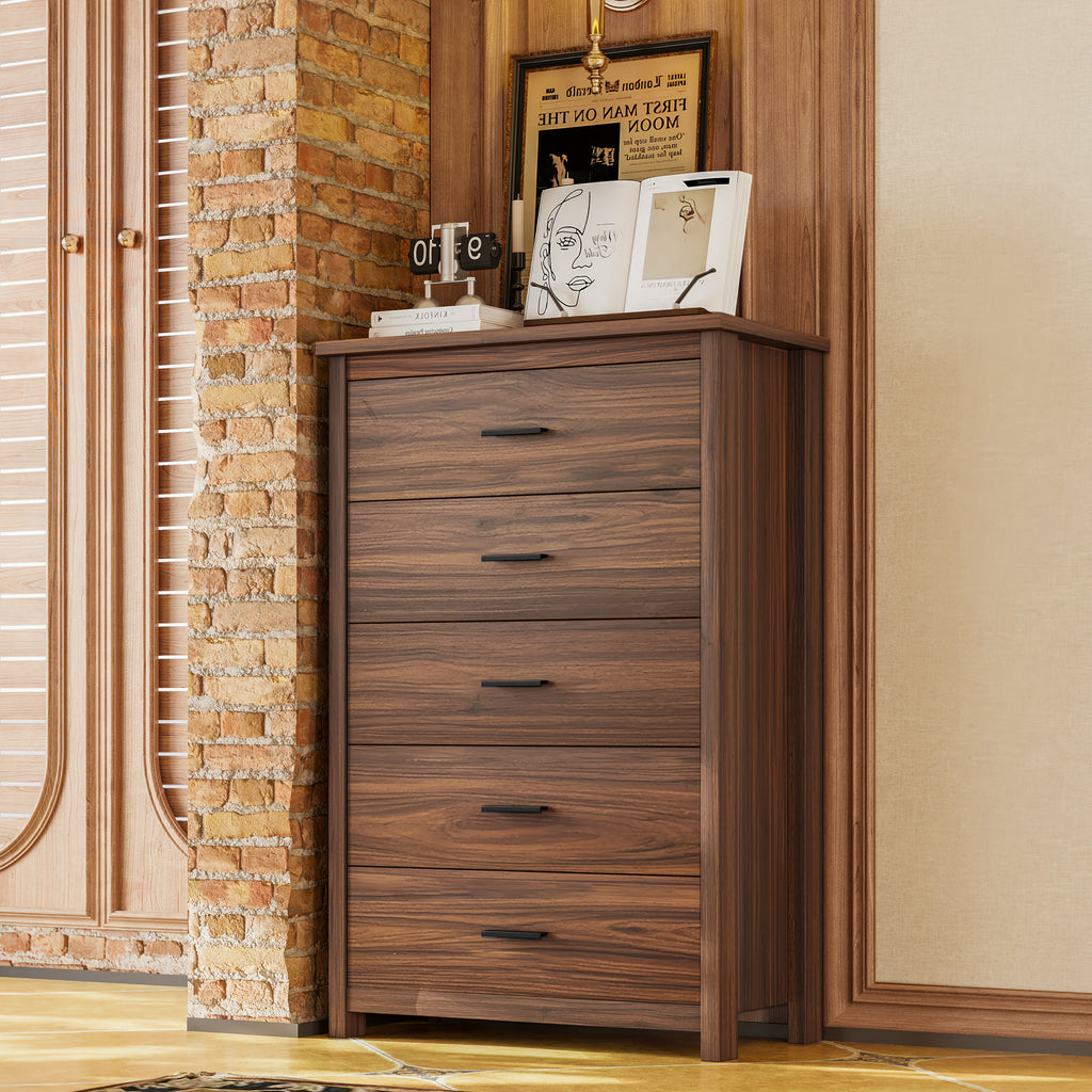 4PCS Bedroom Sets, Wooden Queen Size Bed Frame with Storage Headboard and Charging Station, 2 Nightstands with 2 Drawers, 1 Dresser with 5 Drawers, Walnut(old SKU HL000102AAD) - Grand Goldman Shop
