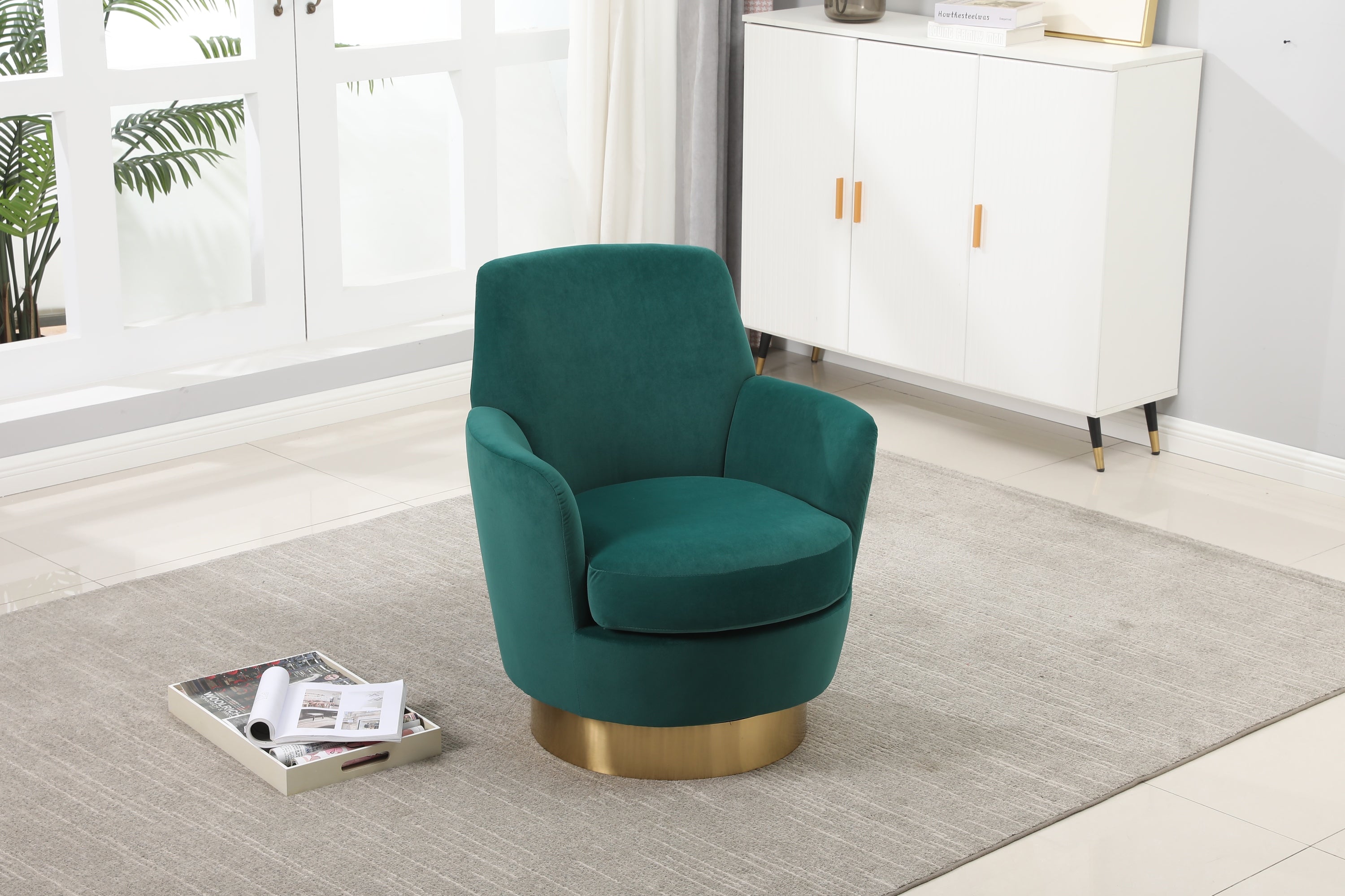Velvet Swivel Barrel Chair, Swivel Accent Chairs Armchair for Living Room, Reading Chairs for Bedroom Comfy, Round Barrel Chairs with Gold Stainless Steel Base (Emerald) - Grand Goldman Shop