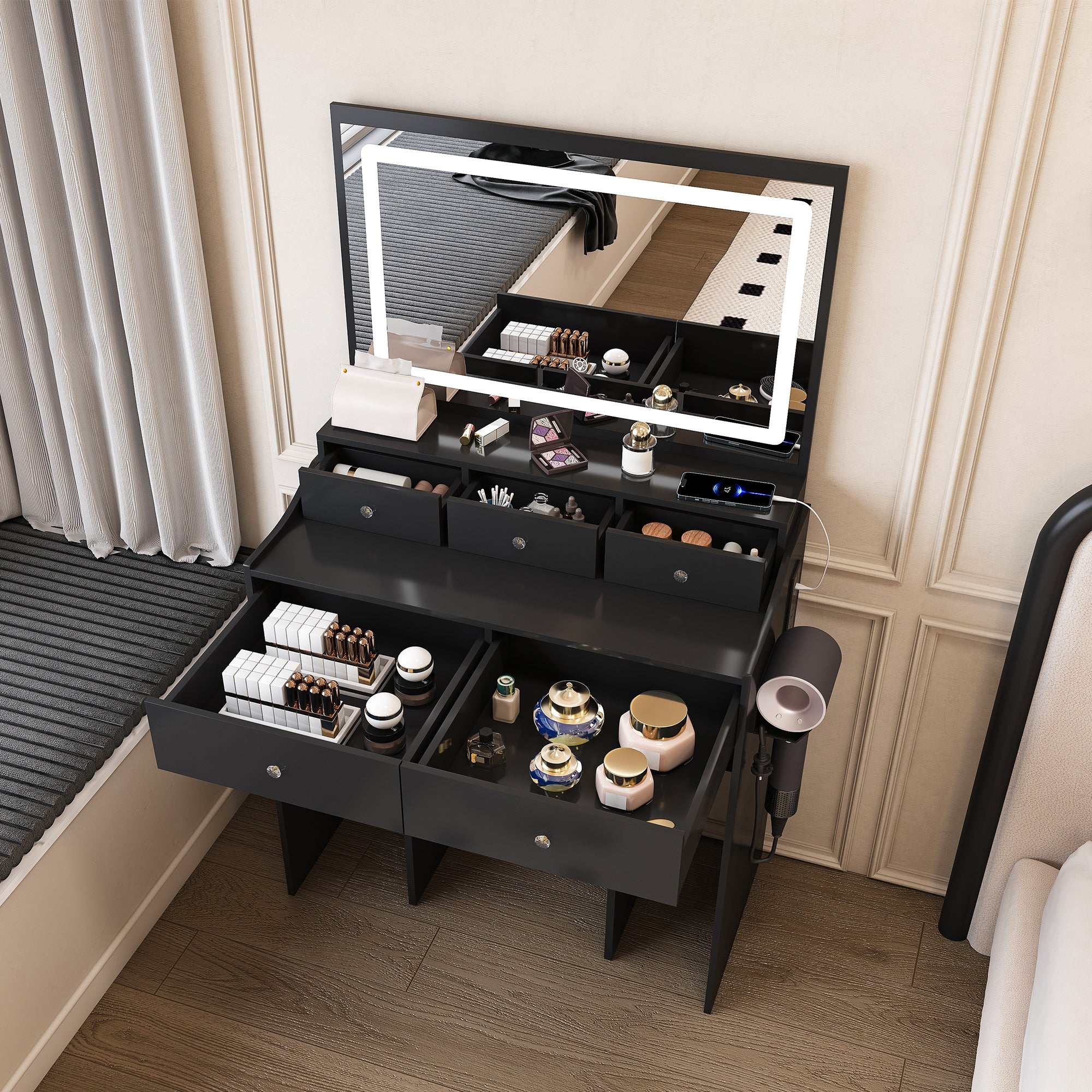 Modern Black Makeup Vanity Set with Power Outlet, Hair Dryer Holder, and Adjustable Lighting - Grand Goldman Shop