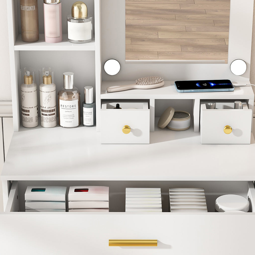 White Vanity Table with Mirror, Adjustable LED Lights, Power Outlet, Hairdryer Holder & Stool – Compact Dressing Desk for Small Bedrooms - Grand Goldman Shop