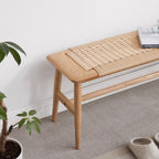 (1.1M) Woven Design Natural Oak Wood Dining Bench Bed Bench for Dining Room, Bedroom, Living Room - Grand Goldman Shop
