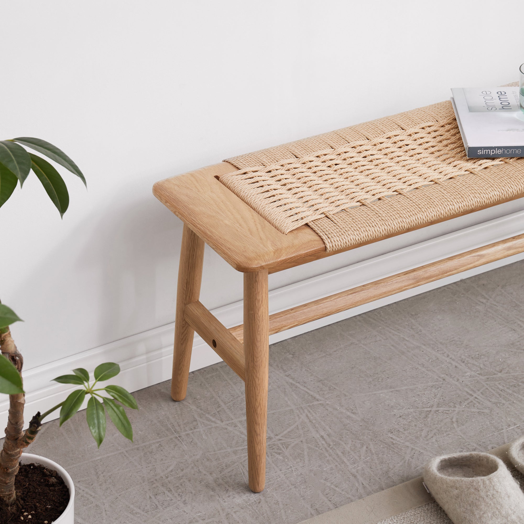 (1.1M) Woven Design Natural Oak Wood Dining Bench Bed Bench for Dining Room, Bedroom, Living Room - Grand Goldman Shop