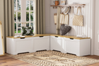 3-Piece L-Shaped Multi-Functional Storage Bench with Cushion, serving as a kitchen corner bench, toy storage box, or reading nook seat., White and Natural, 63'D x 63'W x 19.1'H - Grand Goldman Shop