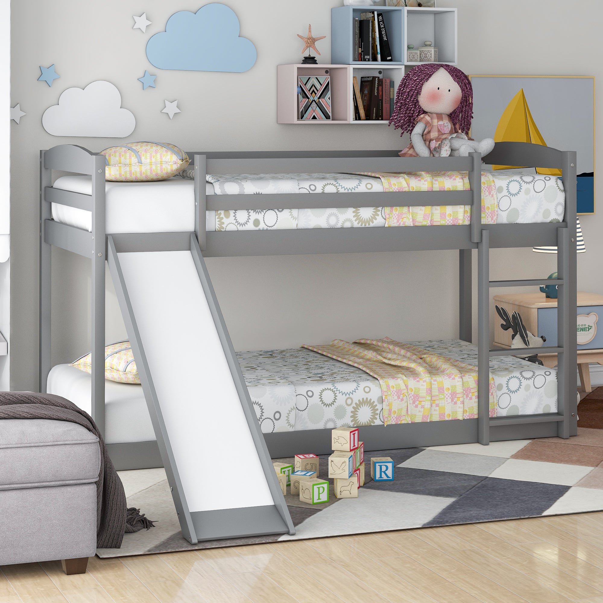 Gray Twin over Twin Bunk Bed with Convertible Slide and Ladder, Pine Wood and MDF, 79.3''L x 84.4''W x 46.5''H - Grand Goldman Shop