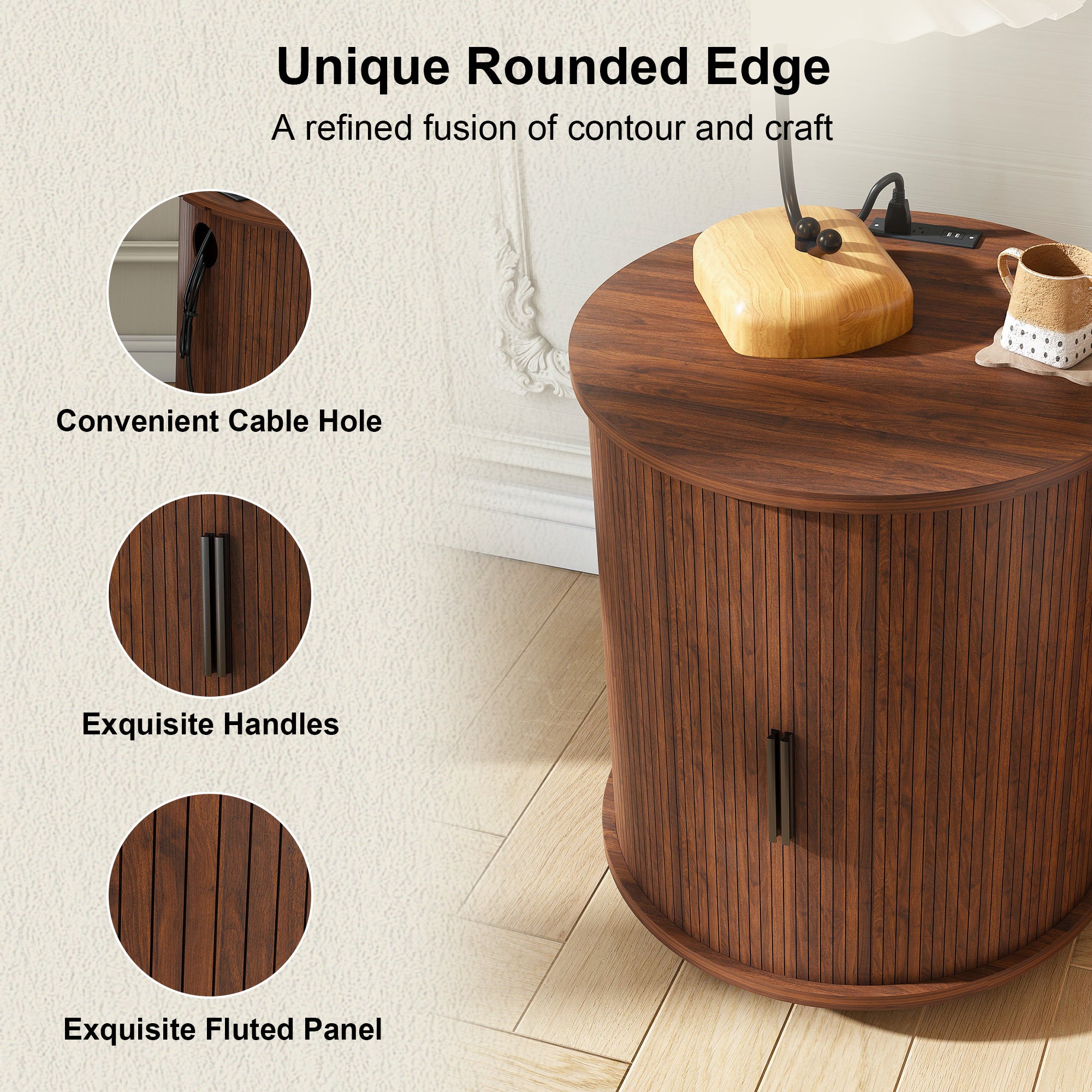 Mid Century Modern Cylinder End Table with Built-in Charging Station & Sliding Door, 2-Tier Storage Round Nightstand with USB Ports, Walnut Bedside Table for Living Room, Bedroom, Entryway - Grand Goldman Shop