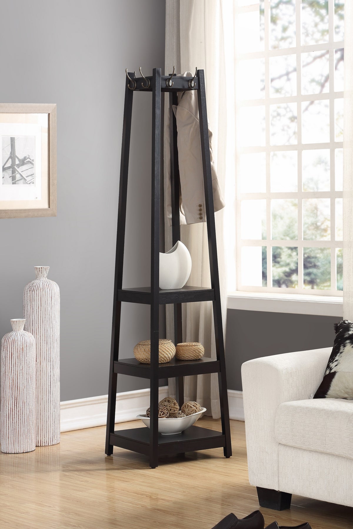 Vassen Coat Rack w/ 3-Tier Storage Shelves in Black Finish - Grand Goldman Shop