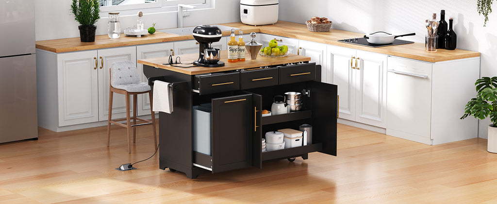 K&K 59.3' Kitchen Island with Storage 2 Pull Out Cabinet Organizers & Rubber Wood Drop Leaf, Rolling Kitchen Island with Trash Can Storage, Power Outlet, Spice & Towel Rack for Kitchen, Dining, Black - Grand Goldman Shop