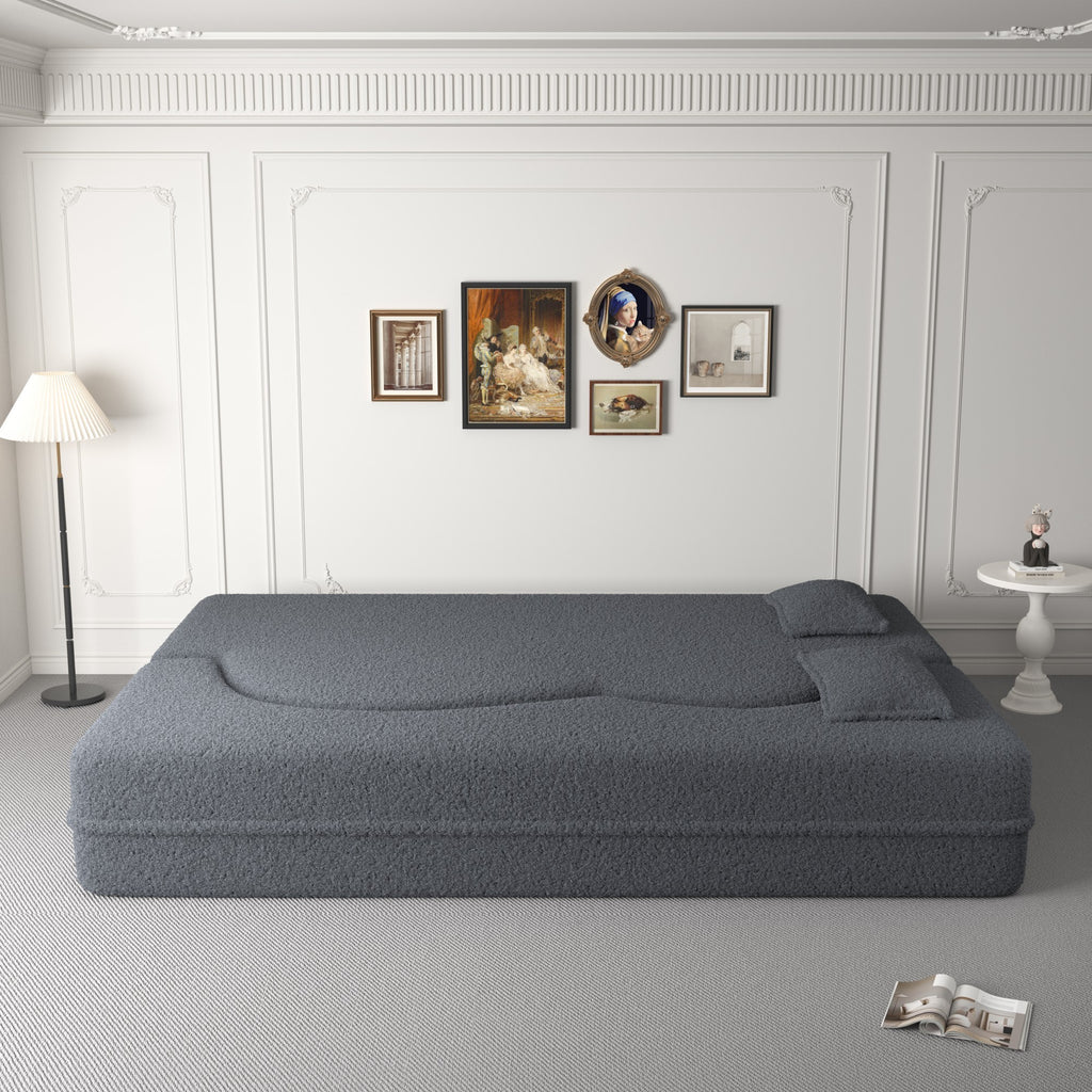 Modern Floor Sofa, with 2 Pillows, Convertible Teddy Fabric Foam Filled Bed, 15 inch Full Size Folding Mattress, Suitable for Living Room, Guest room, Game Room, Grey - Grand Goldman Shop