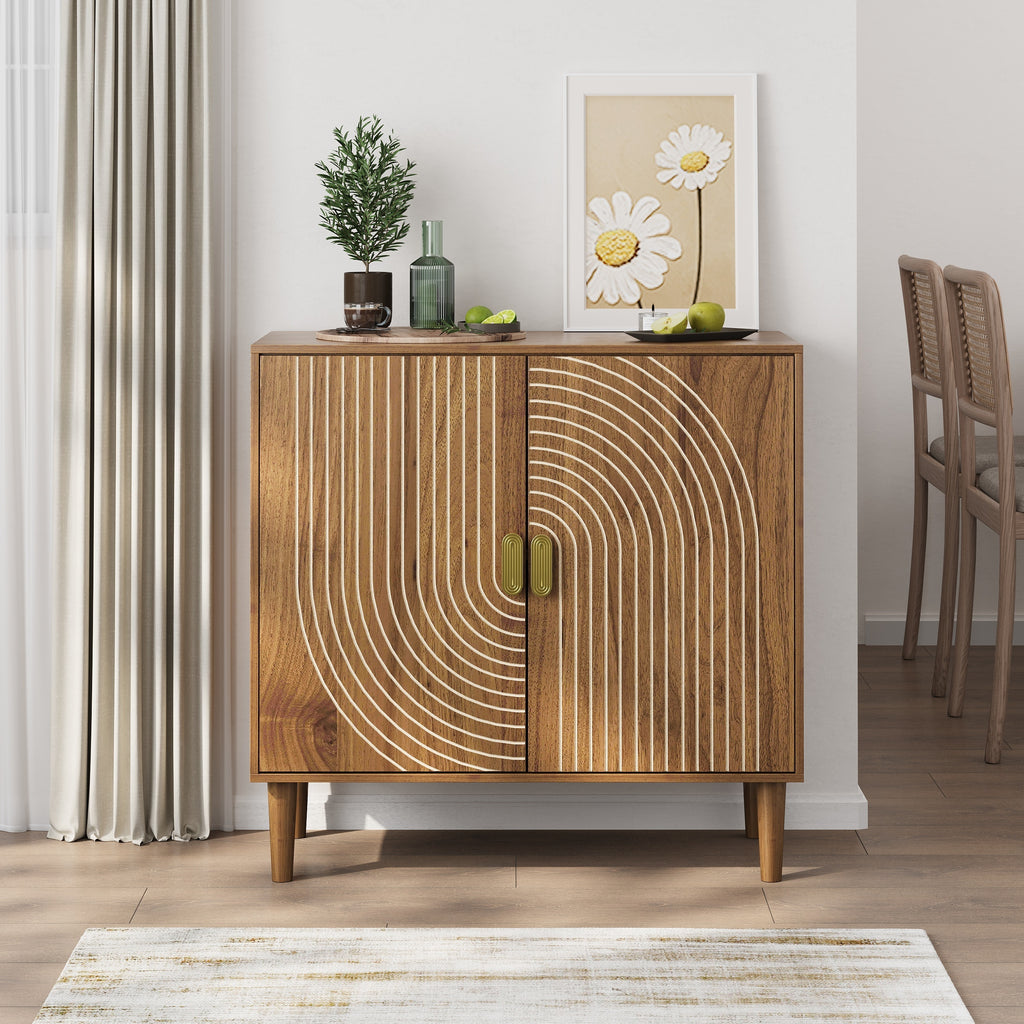 Walnut Wood Buffet Cabinet with Line Groove Design, Multifunctional Storage for Living Room, Entryway, Kitchen - Grand Goldman Shop