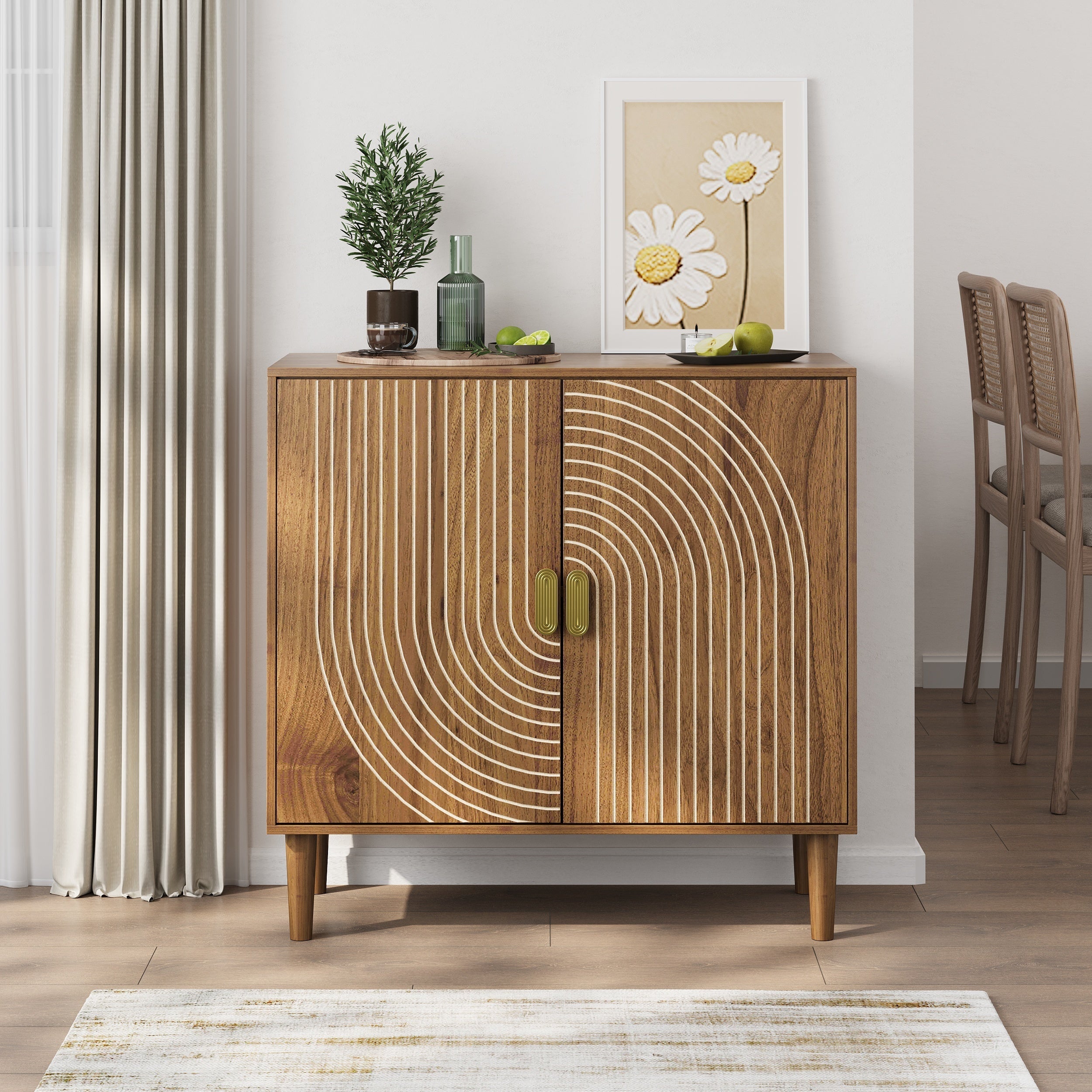 Walnut Wood Buffet Cabinet with Line Groove Design, Multifunctional Storage for Living Room, Entryway, Kitchen - Grand Goldman Shop