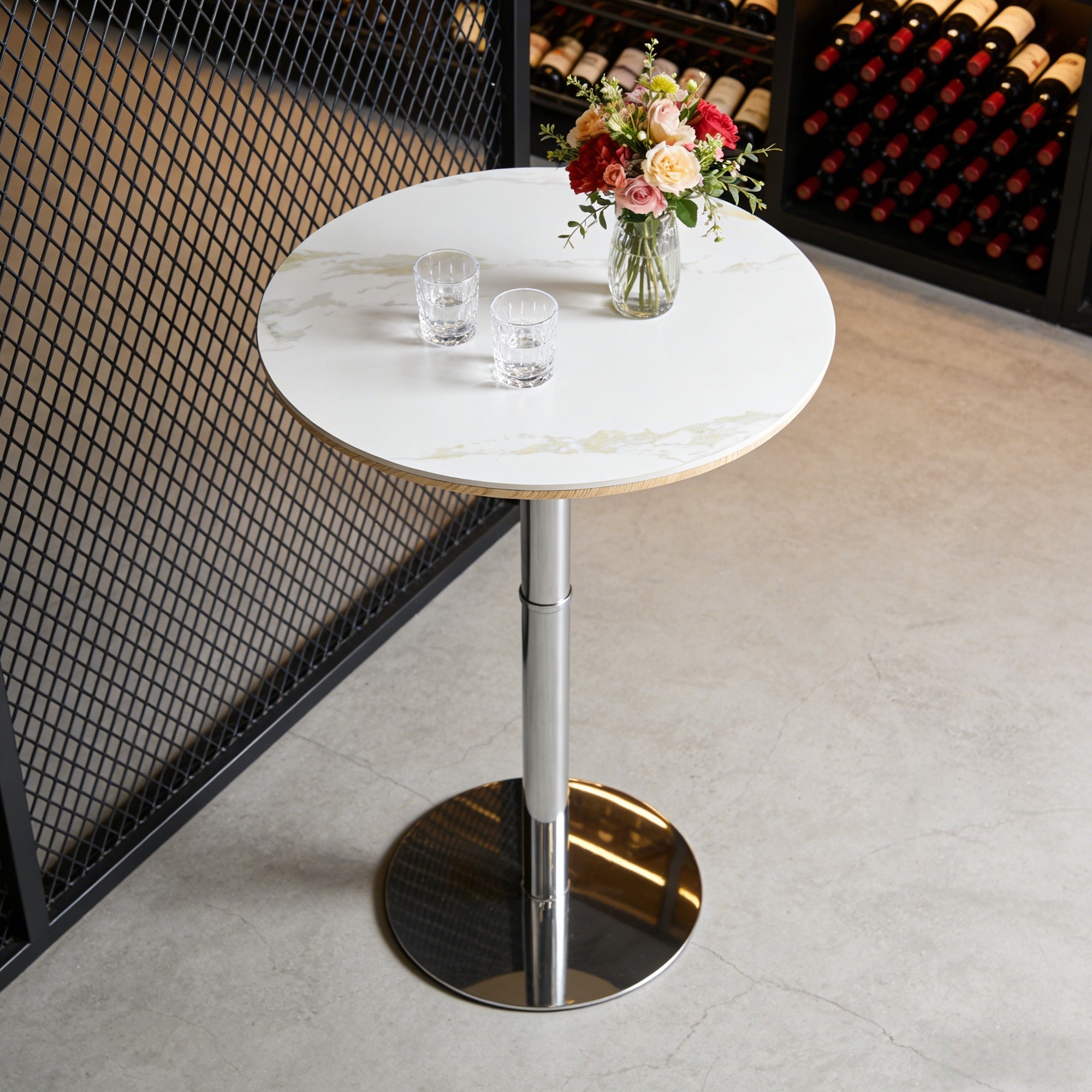 Rock slab circular tabletop non adjustable (39 inches high) bar table, bar table with silver legs and base (white) - Grand Goldman Shop