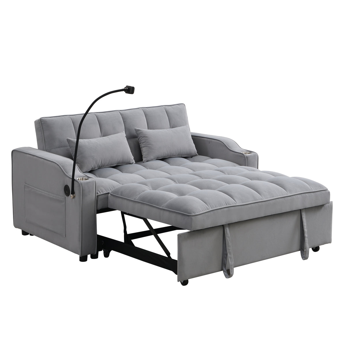 Modern Velvet Loveseat Futon Sofa Couch with Pullout Bed, Adjustable Backrest, Toss Pillows, Light Gray - Grand Goldman Shop