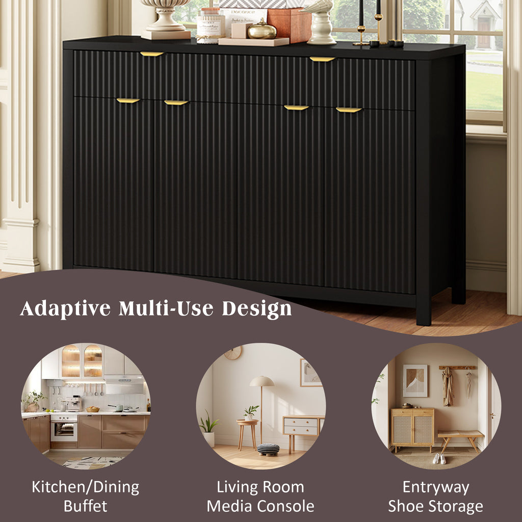 U_STYLE Modern 55.1'' Sideboard Buffet Cabinet with 2 Drawers & 4 Doors, Adjustable Shelves, Wave-Pattern Design, Aluminum Handles, Painted MDF, Scandinavian Storage for Dining Room, Living Room - Grand Goldman Shop