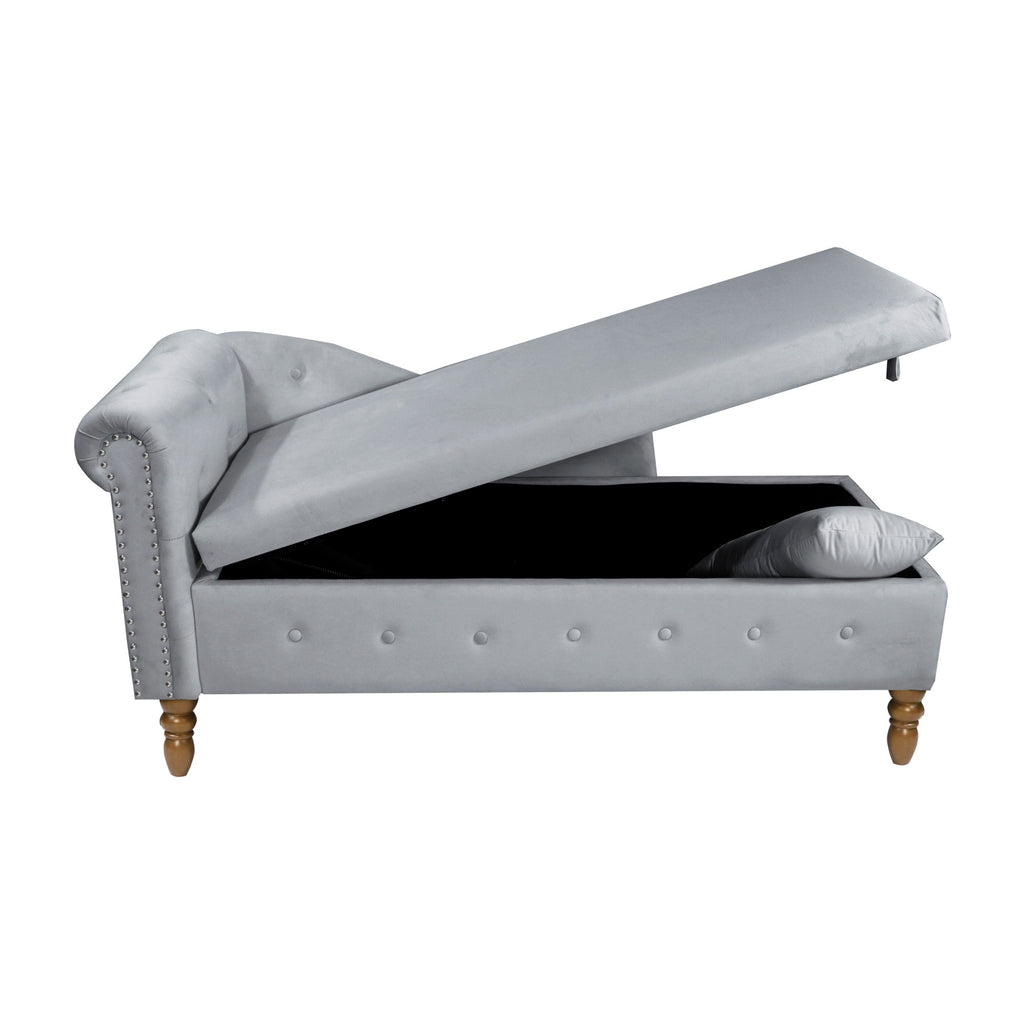 Grey Chaise Lounge Indoor, Velvet Lounge Chair for Bedroom with Storage & Pillow, Modern Upholstered Rolled Arm Chase Lounge for Sleeping with Nailhead Trim for Living Room Bedroom Office - Grand Goldman Shop