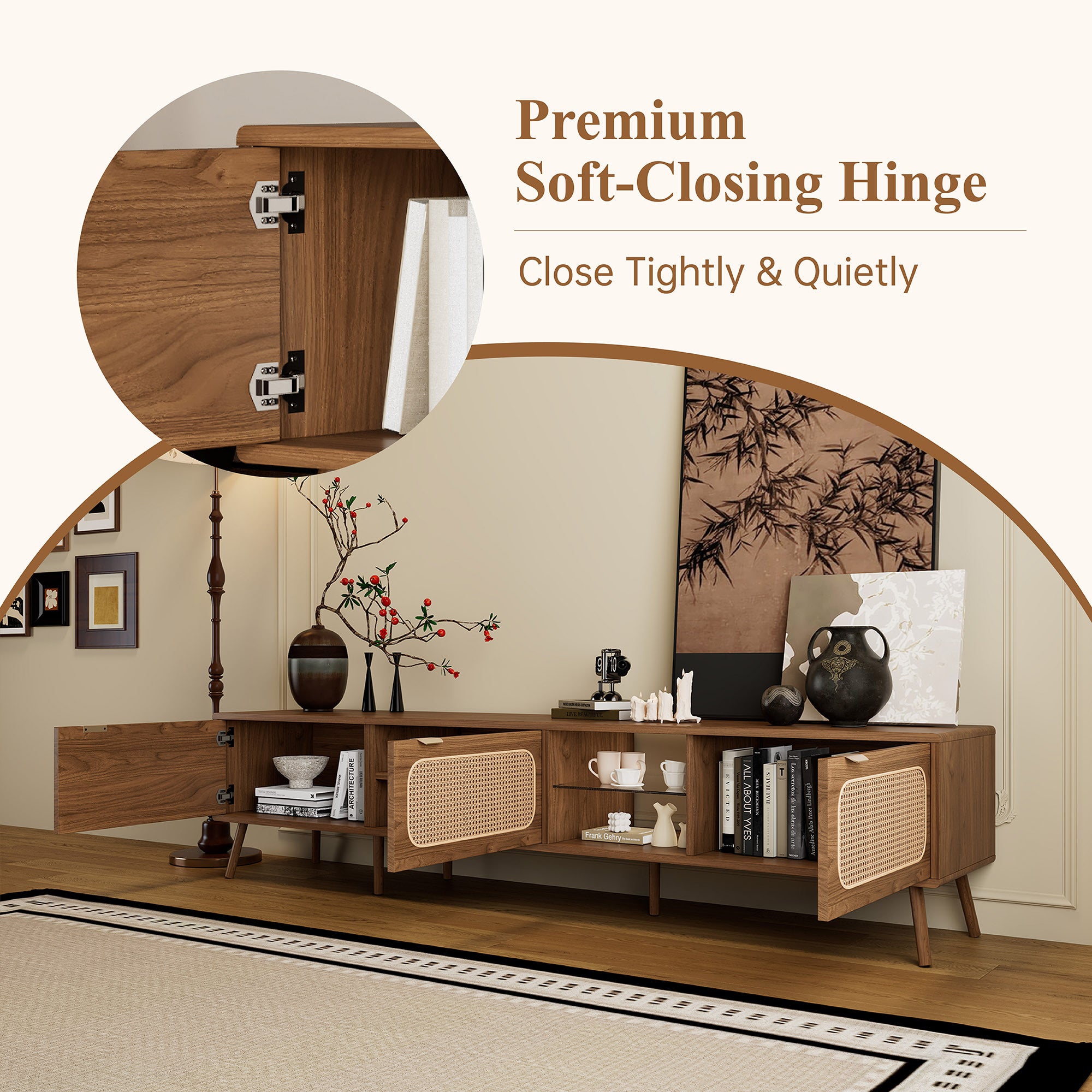 78' TV Stand for 75/80/85 inch TV with Walnut Finish, Ample Storage and Open Shelving in Solid Wood and Glass - Grand Goldman Shop
