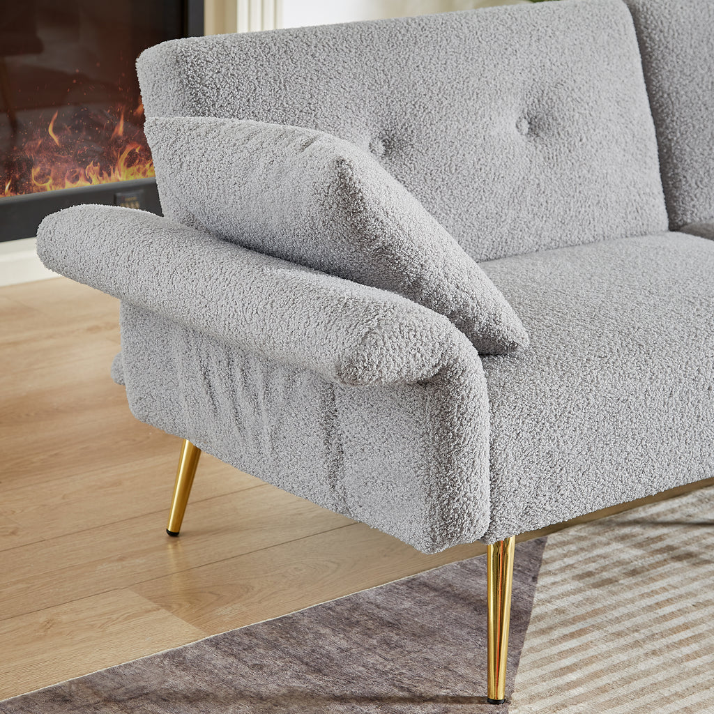 Modern Teddy Upholstered Accent Loveseat Sofa With Side Pocket,Folding Sleeper Sofa Bed With Foldable Armrest , Adjustable Backrest and Golden Metal Legs for Living Room,Grey - Grand Goldman Shop