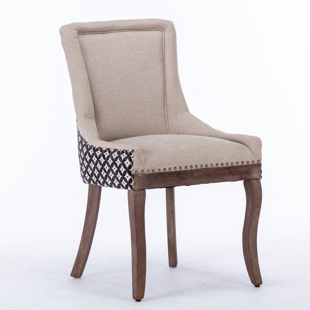 A&A Furniture, Ultra Side Dining Chair, Thickened fabric chairs with neutrally toned solid wood legs, Bronze nail head, Set of 2, Beige and Patterned,SW2207BG - Grand Goldman Shop