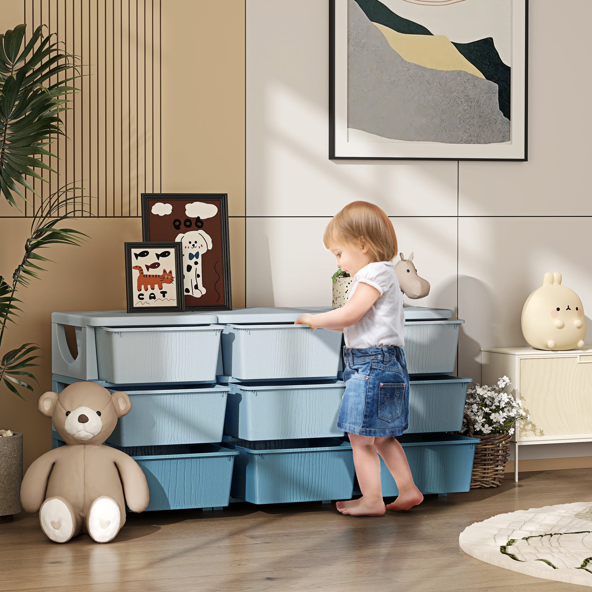 Qaba 3 Tier Kids Storage Unit, 9 Drawer Chest Toy Organizer Plastic Bins for Kids Bedroom Nursery Kindergarten Living Room fo