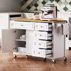 K&K 52'' Kitchen Island with Drop Leaf, Embossed Texture Kitchen Island on Wheels with Spice Rack, Towel Rack, 2 Doors and 5 Drawers, Kitchen Storage Cart with Adjustable Shelf for Kitchen, White - Grand Goldman Shop