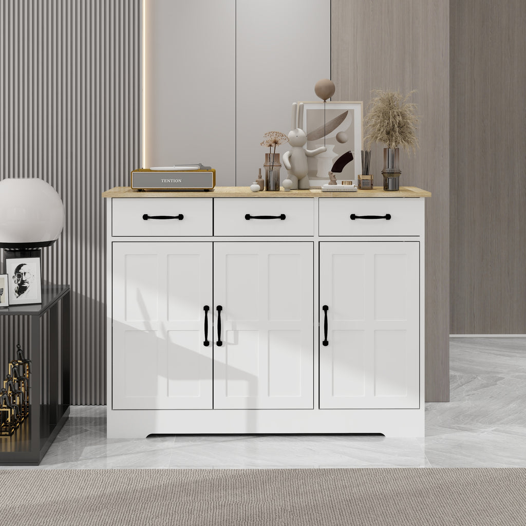 Farmhouse Buffet Cabinet Storage Sideboard with 3 Drawers and 3 Doors for Dining Living Room Kitchen Cupboard-White - Grand Goldman Shop