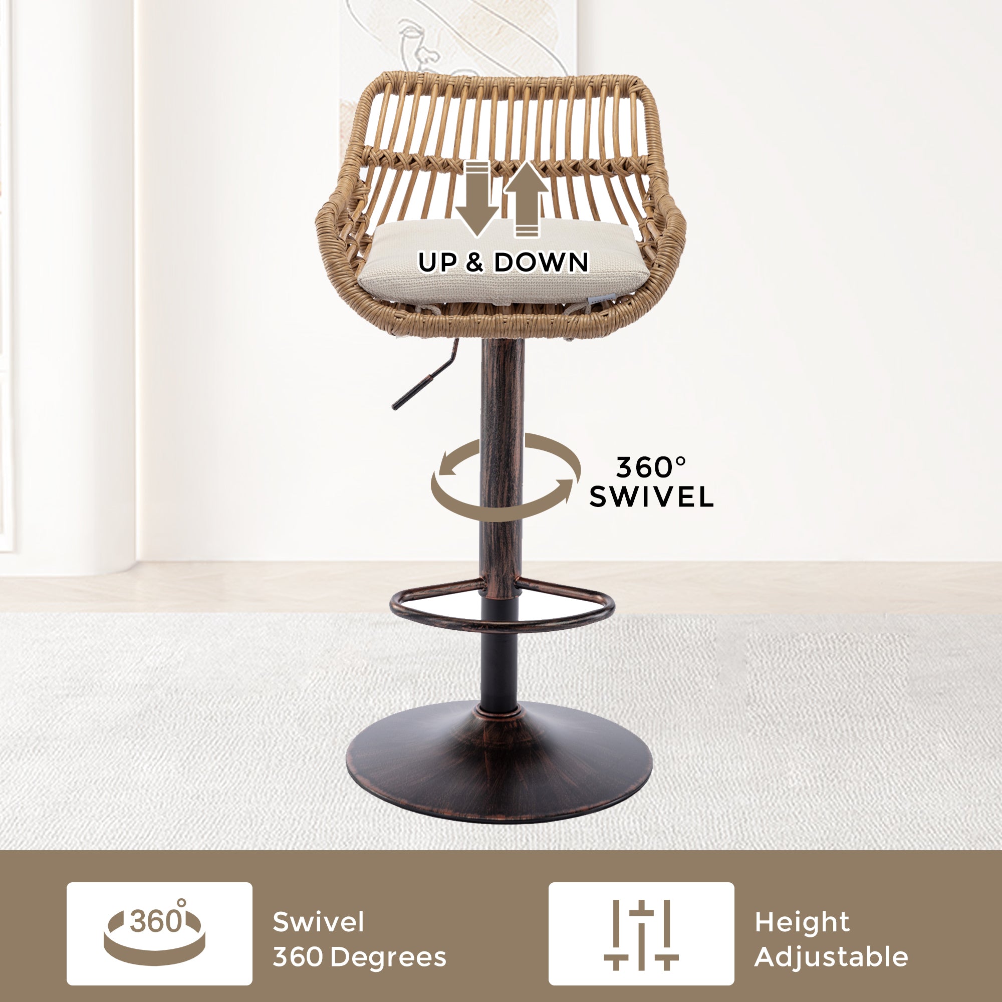 COOLMORE Modern Swivel Bar Stools Set of 2 with Adjustable Counter Height and Footrest in Beige Linen - Grand Goldman Shop