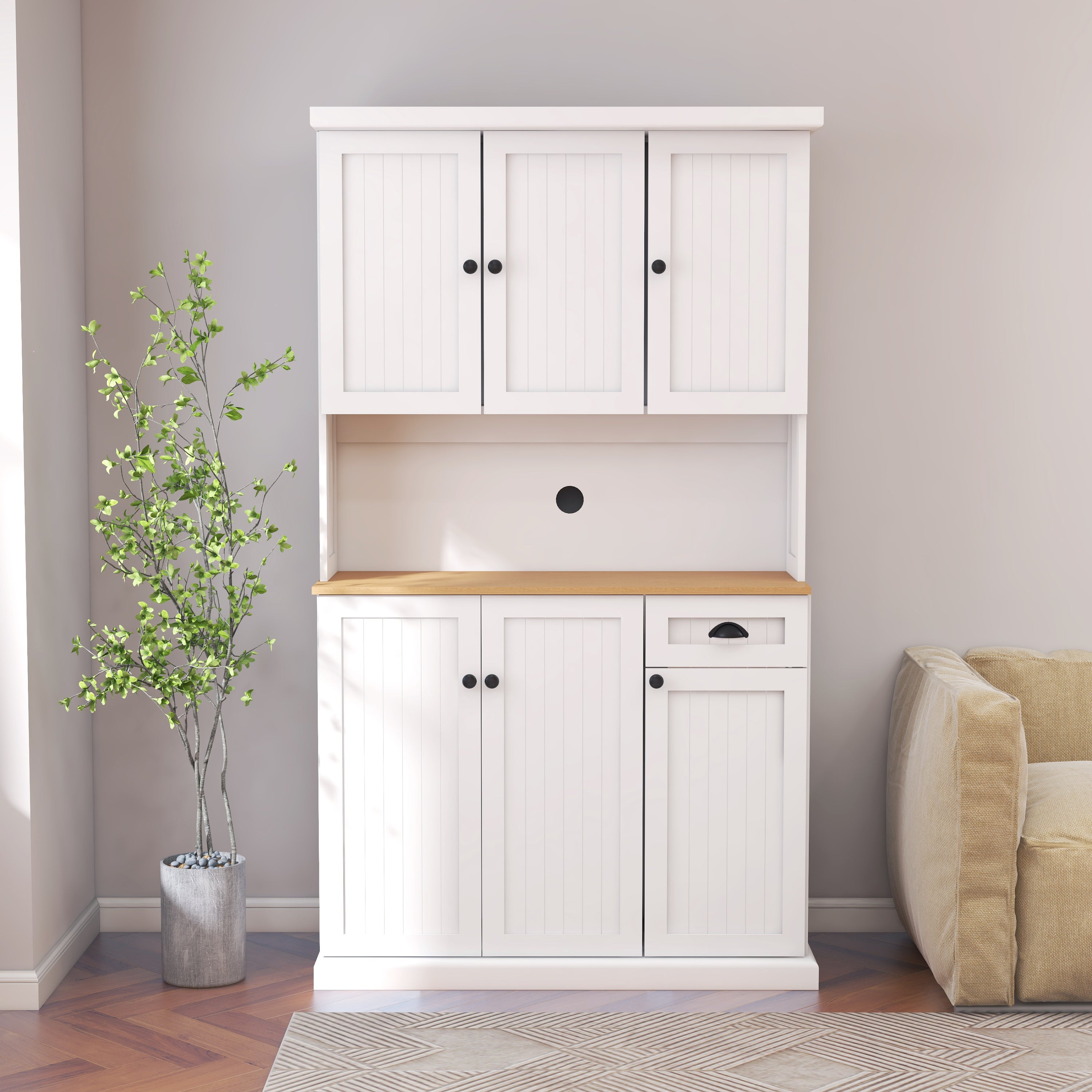 71' Kitchen Pantry Storage Cabinet with Microwave Oven Countertop, Freestanding Hutch Cabinet with Adjustable Shelves, 6 Doors and 1 Drawer-White - Grand Goldman Shop