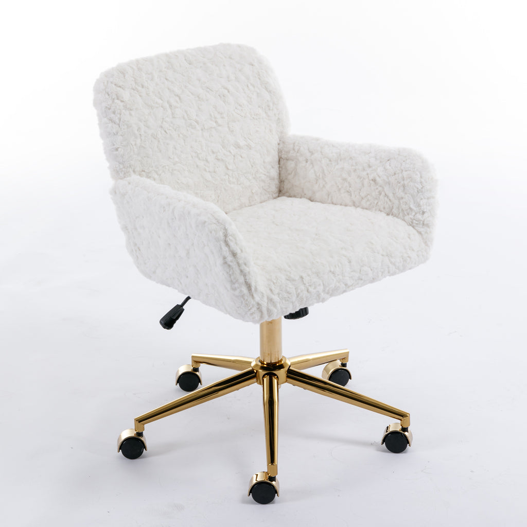 A&A Furniture Artificial Rabbit Hair Office Chair with Golden Metal Base, Adjustable Swivel Vanity Chair, Beige Velvet - Gran