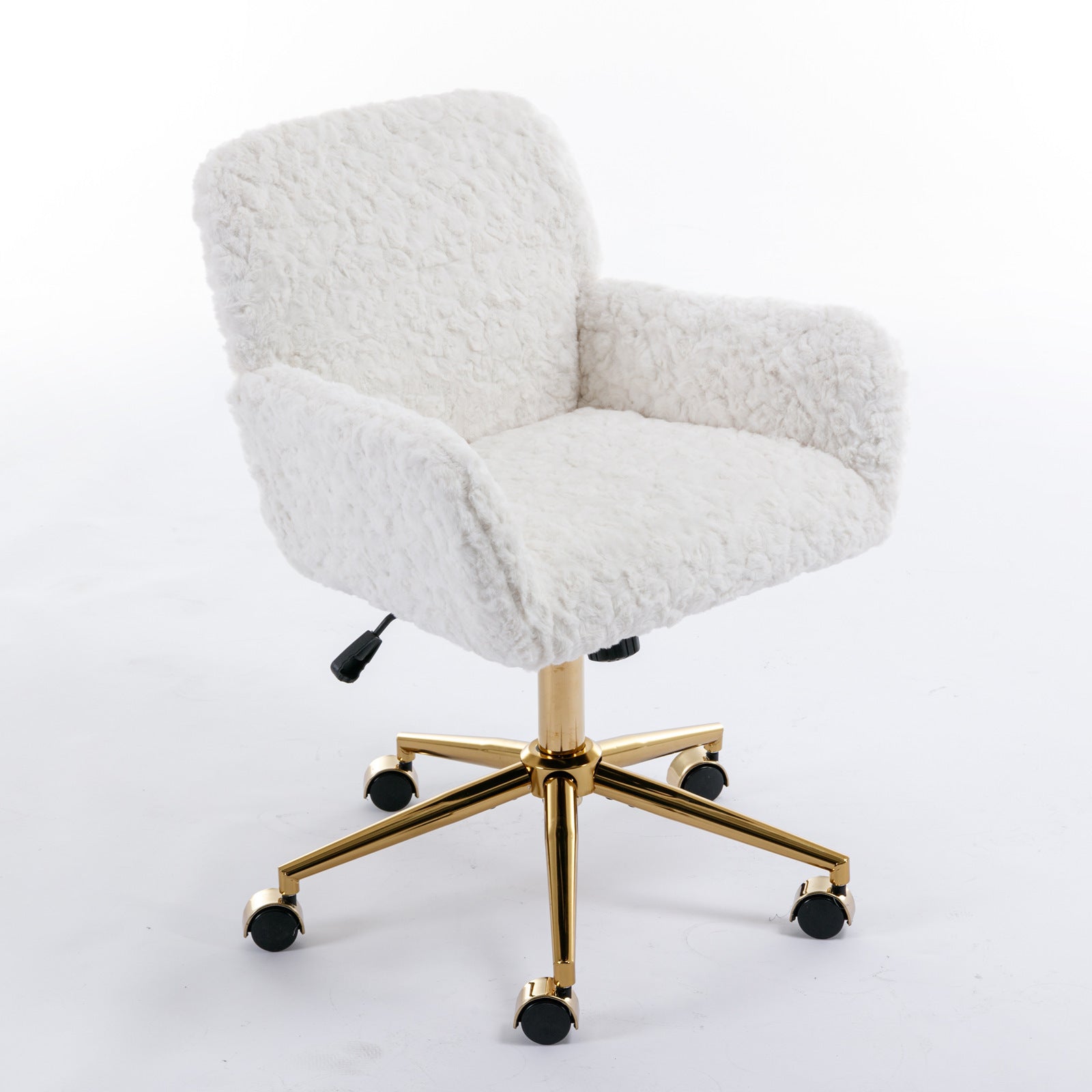 A&A Furniture Artificial Rabbit Hair Office Chair with Golden Metal Base, Adjustable Swivel Vanity Chair, Beige Velvet - Gran