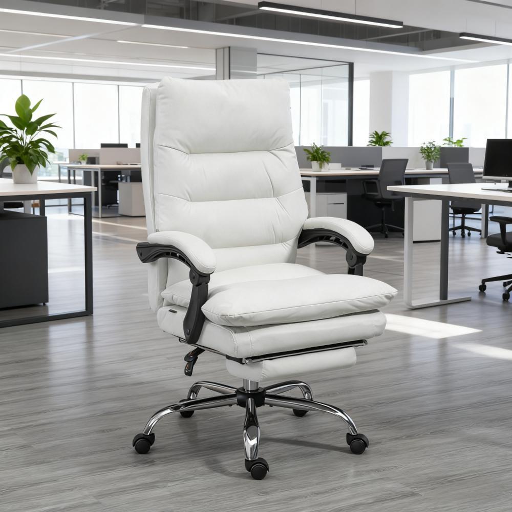 Microfibre Massage Office Chair, Heated Reclining Chair with Footrest,  Cream White | Premium Home Decor - Grand Goldman