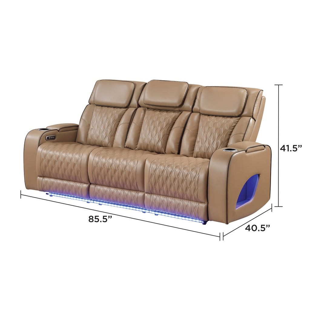 Fortuner Power Reclining 2Pc Living Room Set in Caramel Faux Leather with LED Lights, Massage Function, Bluetooth Speakers and Wireless Charging - Grand Goldman Shop