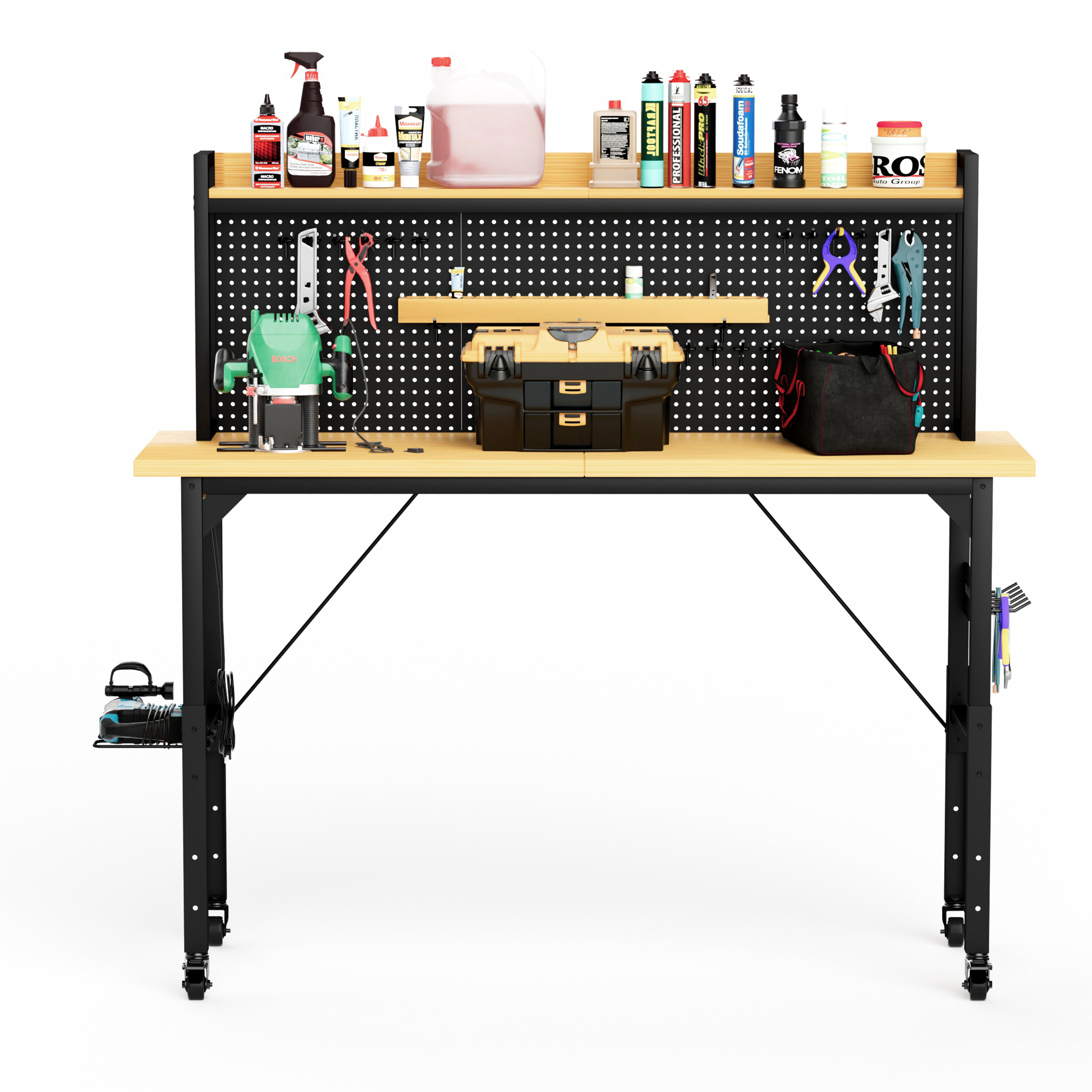 71''Adjustable Workbench with pegboard, Heavy Duty Wooden Desktop Workbench with Wheels, 1600 lb. Load Capacity, Rolling Work