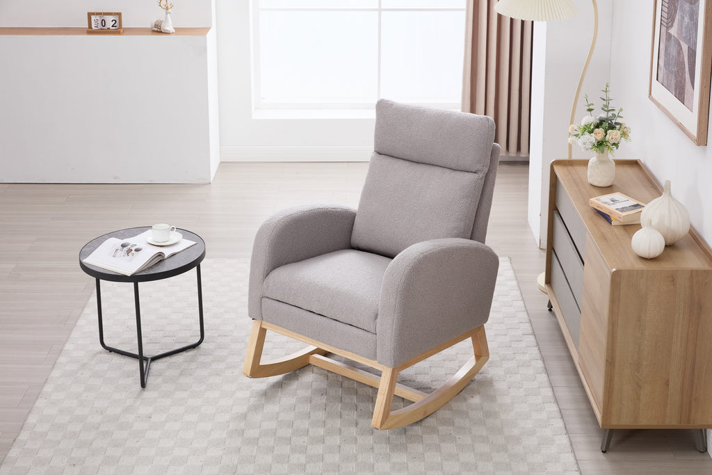 015B-Teddy Fabric Leisure Rocking Chair,Nursery Rocking Chair With Adjustable Footstool,Thickened Headrest And High Backrest, Storage Pocket On The Right Side,The Base Rocker Is Solid Wood,Light Gray - Grand Goldman Shop