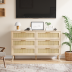 Rattan 6 Drawers Chest Of Dressers For Bedroom,  Modern 6 Drawer Dresser,  Wide Chest Of Drawers With Wood Handles,  Rattan Dresser Storage Cabinet For Living Room,  Bedroom,  Hallway - Grand Goldman Shop